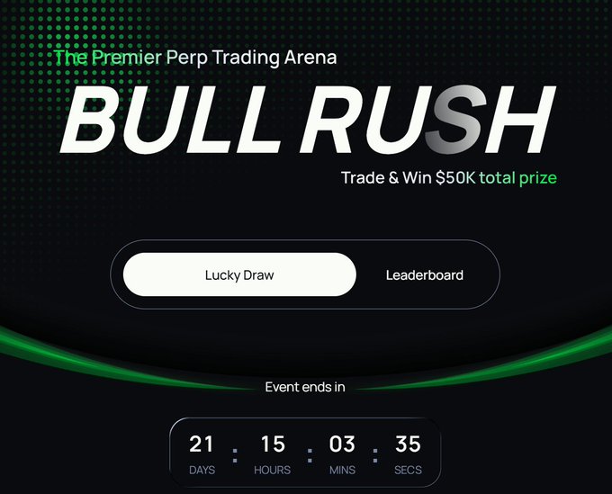 The image displays a webpage, possibly for an online trading platform called Bull Rush. The layout includes a banner at the top of the page with text that reads "Bull Rush" followed by "Trade & Win $50K total prize". Below this, there is a scoreboard showing two different events taking place in a week. There are also times displayed below the scoreboard for the various events happening on the trading platform during those days.