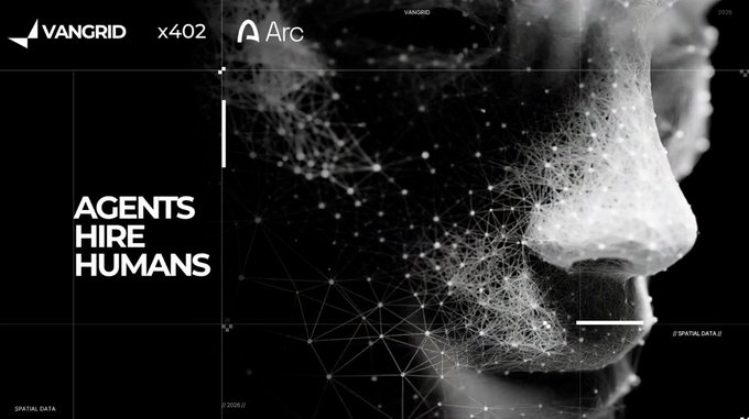 A black and white advertisement features a digital network overlay on a face profile, with text reading "VANGRID x402", "Arc", and "AGENTS HIRE HUMANS".