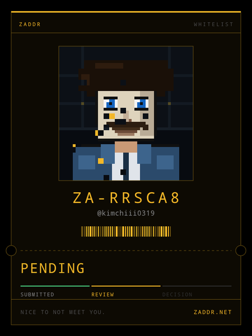 A digital ZADDR whitelisting card shows a pixel art character with ID 'ZA-RRSCA8' and handle '@kimchiii0319', currently in the 'PENDING' review stage.