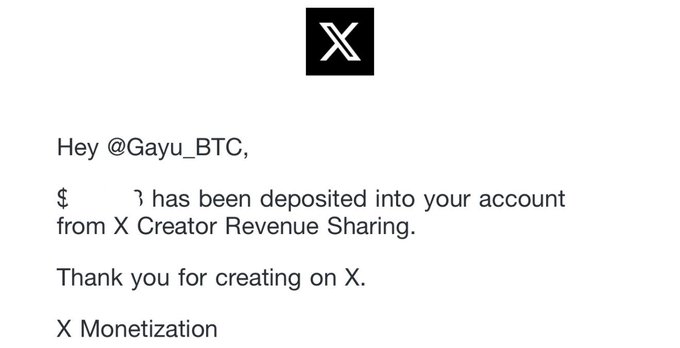 A notification from X (formerly Twitter) Creator Revenue Sharing shows a creator revenue deposit into user @Gayu_BTC's account, celebrating the start of their birthday month with a payout from Elon Musk's platform monetization program.