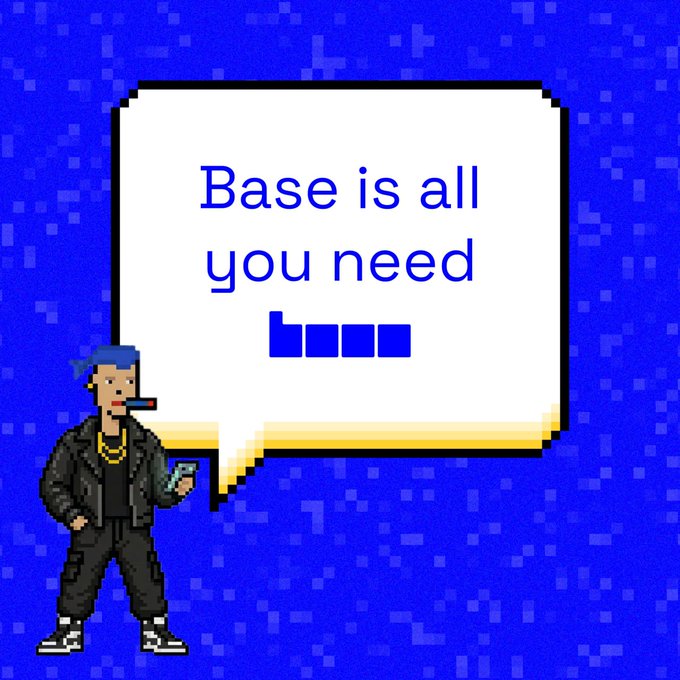 The image features a man standing next to a speech bubble that reads "Base is all you need". This phrase is accompanied by an illustration of a person holding a cell phone, which further emphasizes the idea of using technology for communication or base-building purposes. The overall theme suggests that the image promotes the concept of utilizing one's strengths and resources to build a strong foundation in various aspects of life.