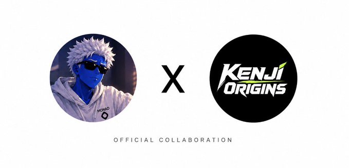 A blue-skinned, sunglasses-wearing character in a circular portrait is paired with the “KENJI ORIGINS” logo, separated by an “X,” with “OFFICIAL COLLABORATION” below. The announcement teases that winners will be revealed soon ahead of the September 2 mint.