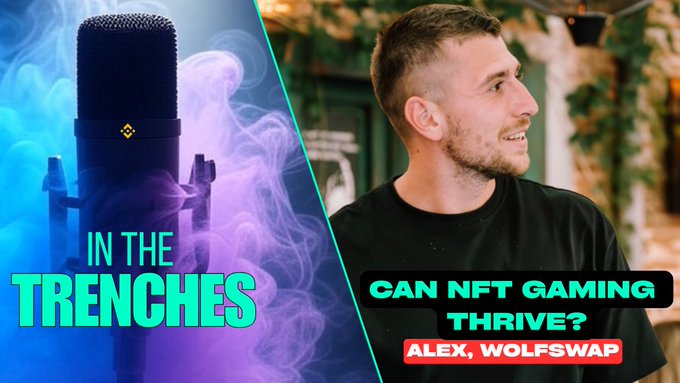 A podcast thumbnail titled 'IN THE TRENCHES' featuring a microphone on the left and a man on the right, with text reading 'CAN NFT GAMING THRIVE? ALEX, WOLFSWAP'.