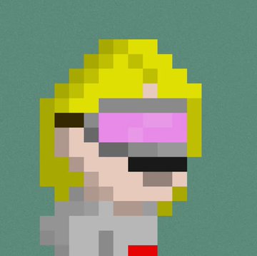 A pixel art illustration of a blonde character wearing pink-tinted futuristic visor/sunglasses against a teal background.