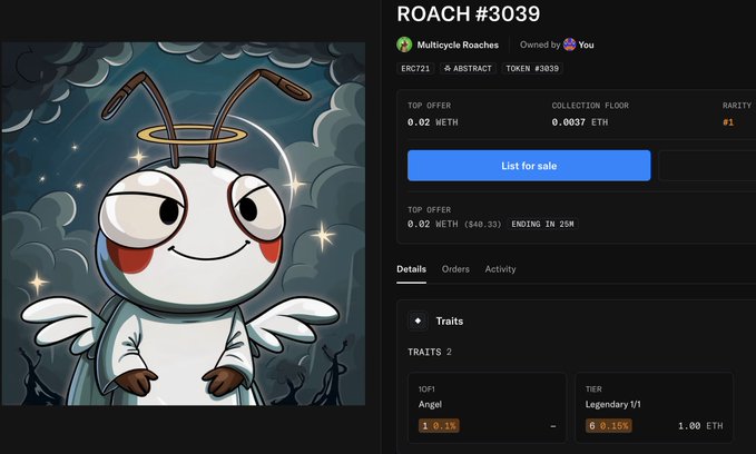 The image features two posts related to a cartoon character named @MulticyRoach. One post displays an illustration of the cartoon insect in profile against a dark blue backdrop with clouds, accompanied by the text "Roach #30319" at the top left corner and "For the first time ever in my web3 journey I reveal a 1/1". The other post offers a sale for the cartoon insect on a new cryptocurrency called @AbstractChain. In this part of the image, there is an illustration of Roach with wings, depicted against the same dark blue backdrop as before. However, this time, Roach has his wings spread wide and his eyes squinted in a look of determination or annoyance, which adds an interesting visual contrast to the scene.