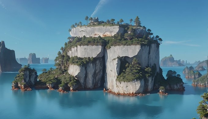 A scenic landscape of a lush, tree-covered island with dramatic white limestone cliffs rising from bright blue tropical waters, with smaller karst formations visible in the distance.