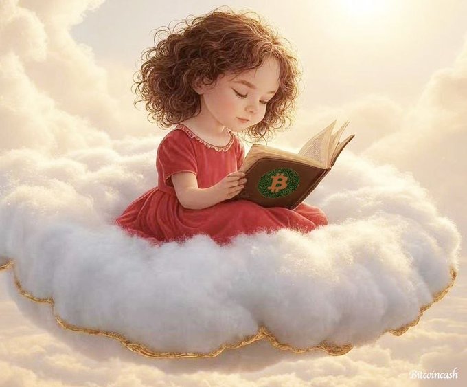 The image features a young girl sitting on a cloud, reading an open book with the word "bitcoin" written on it. The girl appears to be wearing a red dress as she enjoys her time floating above the clouds. The background of the image is filled with white clouds, creating a serene and dreamy atmosphere. The post seems to be promoting Bitcoin Cash or Bitcoin, which is indicated by the text in the image.