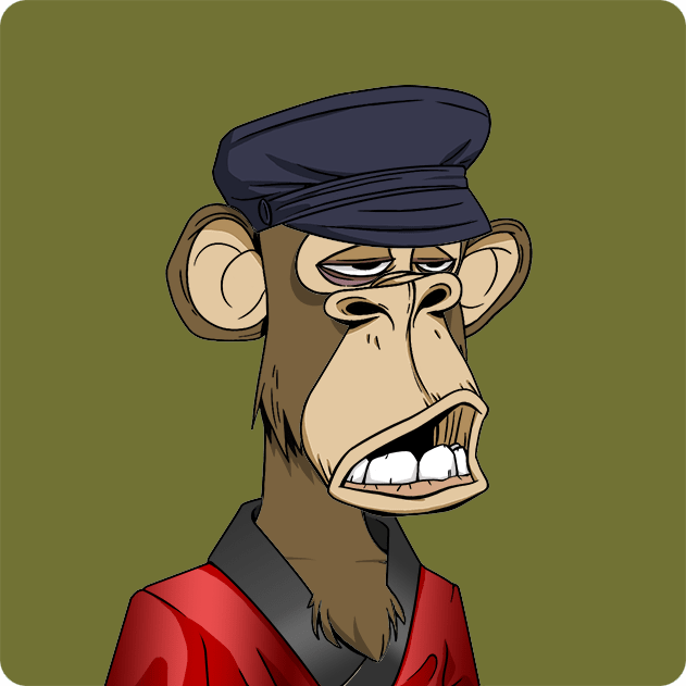 A cartoon monkey wearing a dark blue cap and red jacket with a black collar stares forward with a tired, grumpy expression against an olive green background.