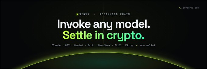 A promotional banner for 'SINVK · ROBINHOOD CHAIN' with the headline 'Invoke any model. Settle in crypto.' listing supported AI models including Claude, GPT, Gemini, Grok, DeepSeek, FLUX, and Kling, with the website 'sinvkrel.com' in the corner.
