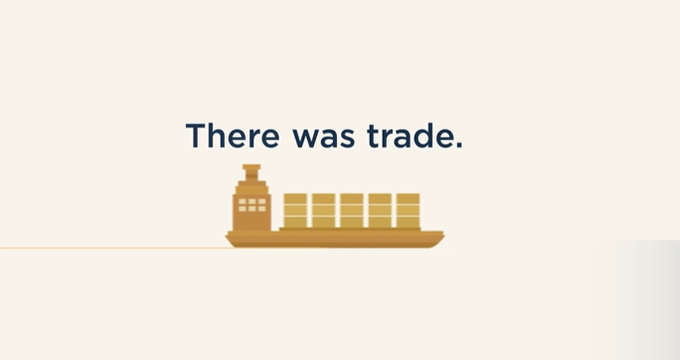 A simple graphic featuring a golden cargo ship icon moving along an orange line, with the blue text 'There was trade.' displayed above it.