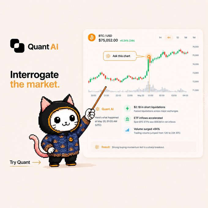 A promotional graphic for "Quant AI" featuring a cat mascot pointing to a Bitcoin price chart showing BTC/USD at $75,052.00, with the tagline "Interrogate the market."
