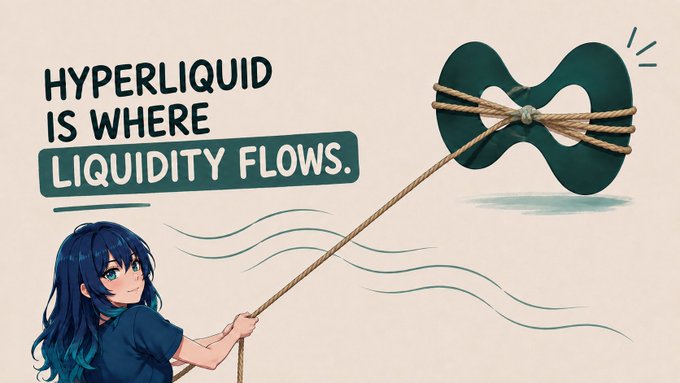 An anime-style girl pulls a rope tied to a bowtie-shaped object, with bold text reading "HYPERLIQUID IS WHERE LIQUIDITY FLOWS." The illustration visually reinforces the post's message about Hyperliquid emerging as the preferred destination for onchain trading capital, suggesting liquidity is being actively drawn to the platform like a tug-of-line.