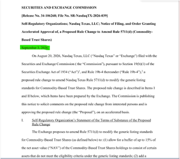 The image shows the first page of an SEC filing (Release No. 34-106280) titled "Self-Regulatory Organizations; Nasdaq Texas, LLC; Notice of Filing, and Order Granting Accelerated Approval of, a Proposed Rule Change to Amend Rule 5711(d) (Commodity-Based Trust Shares)" relating to Nasdaq Texas LLC's proposed rule change filed on August 20, 2026.

The filing relates to the post by codifying that SOL and XRP are classified as commodities under Nasdaq Rule 5711(d), which provides regulatory clarity that BlackRock (and other issuers) can leverage to file amended S-1s for their existing XRP and SOL ETF applications—removing prior uncertainty about their commodity status.