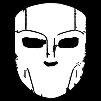 A black and white pixelated illustration of a stylized face or mask with a segmented forehead and dark, empty eye sockets against a black background.