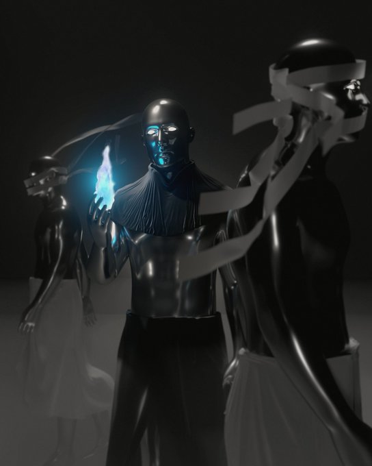 A digital artwork titled "Unsought" (2023) depicting three dark, glossy humanoid figures in a dimly lit space, with the central figure cradling a glowing blue flame in its palm while the others are wrapped in white ribbon-like bands across their faces. The ethereal blue light from the flame illuminates the central figure's face, creating a haunting contrast against the predominantly monochromatic scene, fitting the work's contemplative, mystical aesthetic as a 1/1 piece on Transient Labs.