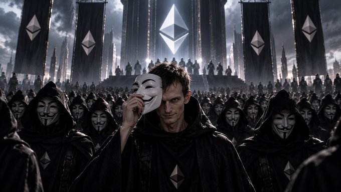 A man dressed in a black cloak holds a white Guy Fawkes mask in front of his face, standing before a crowd of similarly cloaked and masked figures, with Ethereum (ETH) logos visible in the background.