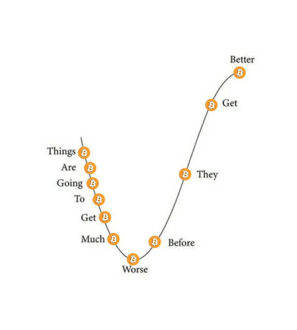 A minimalist graphic displaying a curved chart with Bitcoin logos, illustrating the phrase 'Things Are Going To Get Much Worse Before They Get Better.'