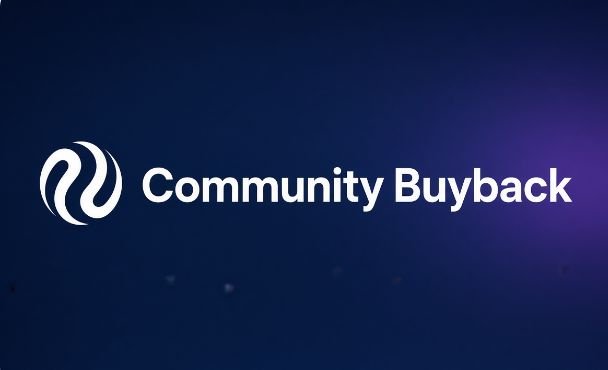 A dark blue and purple title card displays a white circular logo and the text “Community Buyback.”