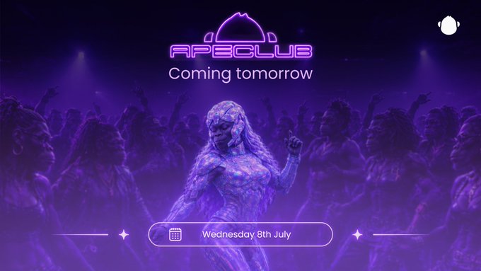 A neon purple promotional graphic featuring a futuristic ape DJ dancing in front of a crowd, with the glowing "APECLUB" logo and the text "Coming tomorrow — Wednesday 8th July" displayed prominently. The vibrant club atmosphere ties directly to the post's announcement of ApeClub launching the next day for a month-long celebration with bonuses and quests.