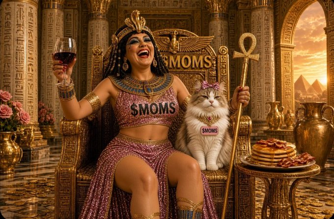 An elaborate AI-generated image shows a woman dressed as Cleopatra wearing a '$MOMS' top, holding a wine glass and ankh scepter, seated on a golden throne beside a fluffy cat also labeled '$MOMS', with pancakes nearby.