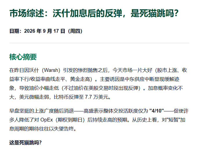 A Chinese financial market summary dated 2026年9月17日 (Thursday) titled '市场综述：沃什加息后的反弹，是死猫跳吗？' discussing market reactions after Warsh's rate hike and asking '这是死猫跳吗？'.