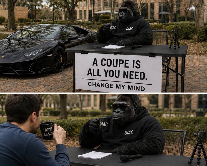 A person in a gorilla suit wearing a 'GIAC' hoodie sits at a 'Change My Mind' table with a sign reading 'A COUPE IS ALL YOU NEED,' with a black Lamborghini parked behind, engaging with an 'I DRIVE AN SUV' visitor.