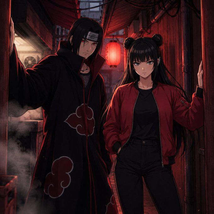 An anime-style illustration depicts a male character in a black Akatsuki cloak with red clouds alongside a female character in a red jacket, standing in a dimly lit alleyway with a red lantern.