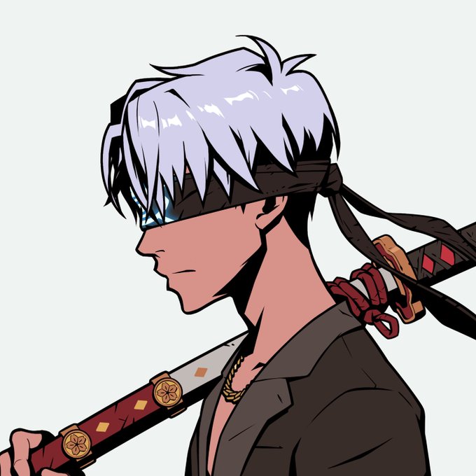 A white-haired anime-style character wearing a black blindfold carries a katana with red and gold detailing, resembling Gintoki from Gintama, a reference to the term "red bean" (azuki) used for NFTs in the post.