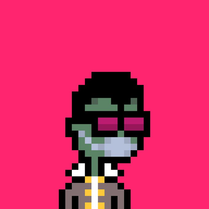A pixel art portrait of a character with dark hair, green-tinted skin, and pink sunglasses wearing a face mask against a bright pink background.