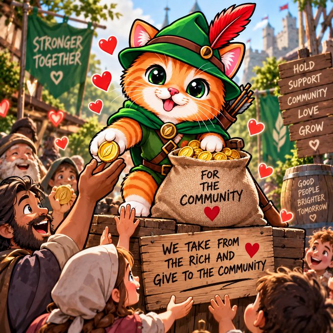 An illustrated cartoon of a cute orange cat dressed as Robin Hood distributing gold coins to happy villagers, with banners reading 'STRONGER TOGETHER', 'FOR THE COMMUNITY', 'WE TAKE FROM THE RICH AND GIVE TO THE COMMUNITY', and 'HOLD SUPPORT COMMUNITY LOVE GROW'.