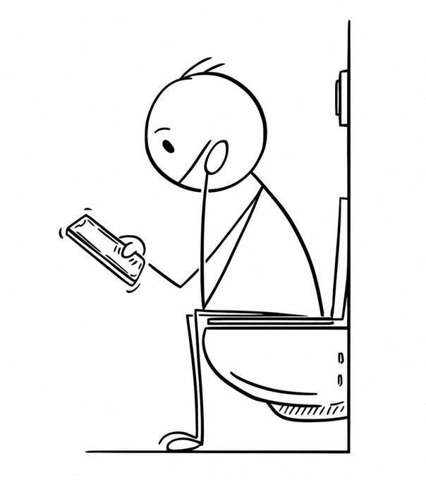 A black-and-white line drawing of a stick figure sitting on a toilet while looking at and holding a smartphone.