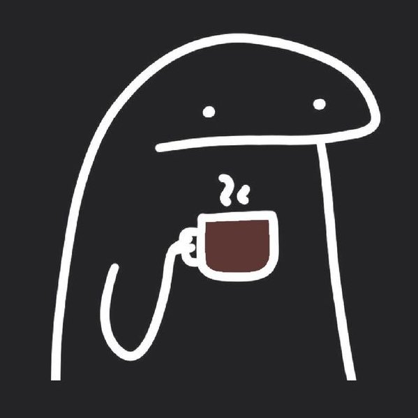 Minimalist line drawing on a dark background of a featureless blob character holding a steaming mug of coffee.