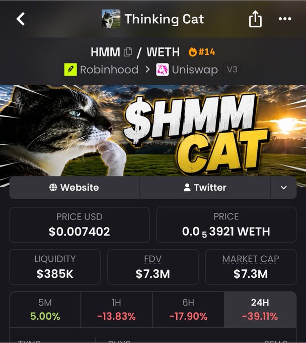 A screenshot of a cryptocurrency tracker page showing the "$HMM" (Thinking Cat) token, priced at $0.007402 with a $385K liquidity and a -39.11% drop over 24 hours, which highlights the irony of calling it a "generational entry" given its significant recent decline.