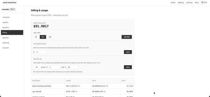 A billing and usage dashboard for 'small machines' showing a credit balance of $91.9017 and a resource table listing usage, rate, and cost for items like 'base (running machines)'.