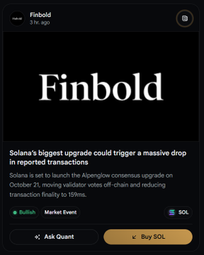 A mobile app screenshot showing a Finbold article titled 'Solana's biggest upgrade could trigger a massive drop in reported transactions', discussing the Alpenglow consensus upgrade on October 21, with 'Ask Quant' and 'Buy SOL' buttons.