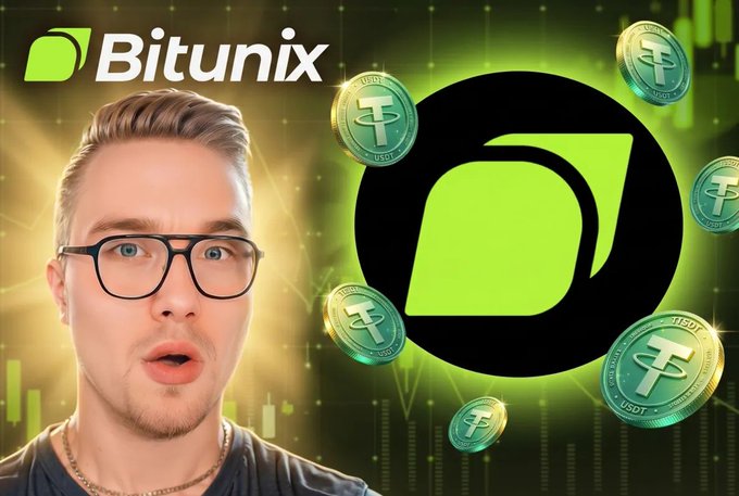 The image features a man with glasses standing in front of a green logo that reads "Bitunix" along with various coins scattered around him, including some XRP coins. In the background, there's an upward-looking balloon symbolizing the potential growth or success of cryptocurrency trading. The post encourages viewers to join Bitunix and receive rewards for their investments in crypto trading, specifically mentioning Bitcoin and Ripple exchanges as the most likely candidates.