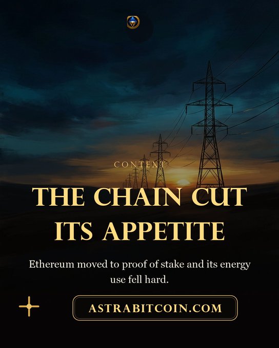 A dark, moody graphic featuring electrical transmission towers against a sunset sky with the text "CONTEXT," "THE CHAIN CUT ITS APPETITE," and "Ethereum moved to proof of stake and its energy use fell hard." It also displays a website link for "ASTRABITCOIN.COM".