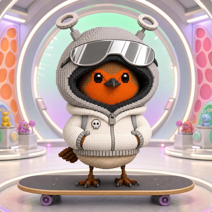 A 3D pixel-art orange bird character wearing reflective sunglasses and a white hoodie with a skull logo stands on a skateboard in a futuristic neon-lit room, matching the playful Quirkies NFT aesthetic referenced in the welcome post. The newly welcomed "@quirkiesnft" character sports a sleek space-themed outfit, ready to join the squad alongside @RealPapii.