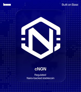A digital graphic of a Naira-backed stablecoin token named 'cNGN', labeled 'Regulated' and 'Built on Base', displayed on a blue background.
