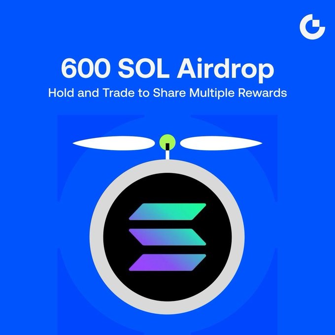A promotional graphic on a blue background announcing a "600 SOL Airdrop" with text reading "Hold and Trade to Share Multiple Rewards" and a large Solana logo.