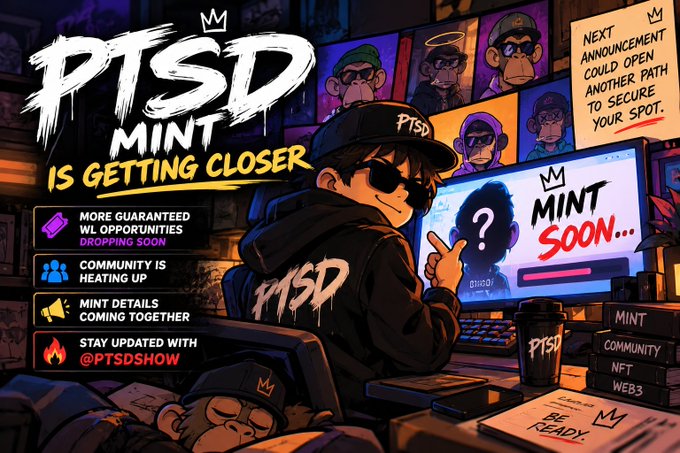 A promotional graphic for 'PTSD' with text 'MINT IS GETTING CLOSER' and bullet points like 'MORE GUARANTEED WL OPPORTUNITIES DROPPING SOON' alongside an illustration of a character at a desk.