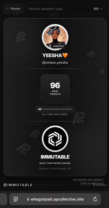 A mobile screenshot from whogotpaid.apcollective.site showing a verified user profile named 'YEESHA' (@unique.yeesha) with 96 paid tweets and 46 partnered brands, highlighting 'IMMUTABLE' as the most partnered brand with 34 paid tweets.