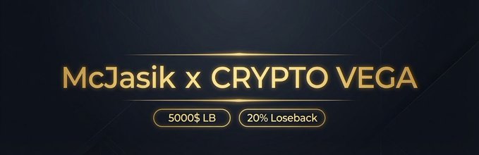Promotional banner announcing a partnership between McJasik and CryptoVega, featuring a $5,000 leaderboard contest and 20% loseback offer with a gold and navy luxury design. The visual corresponds to the post by highlighting the McJasik x CryptoVega collaboration and its $5,000 wager contest details.
