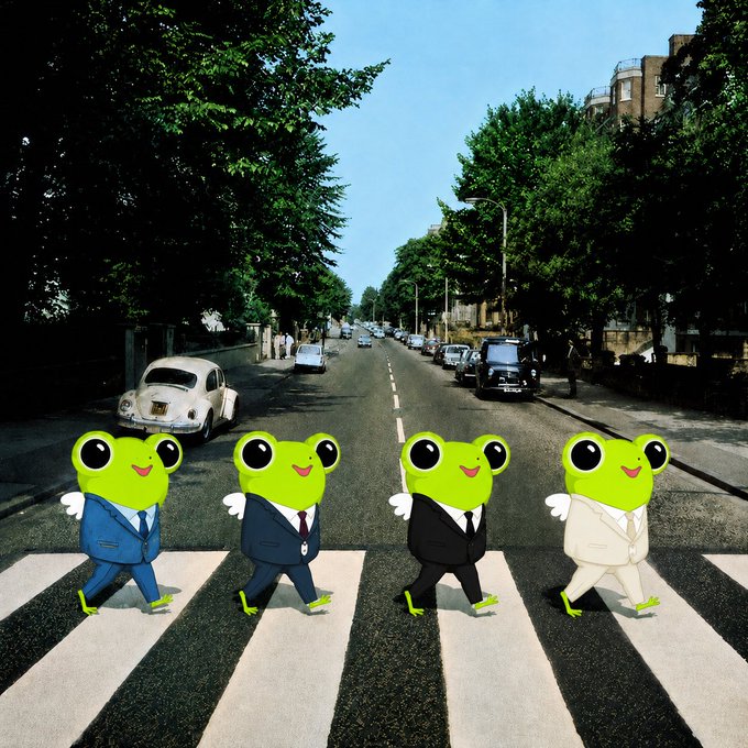 An edited version of the Beatles' Abbey Road album cover featuring four cartoon green frogs wearing suits crossing the zebra crossing on a tree-lined street.
