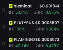 A mobile screenshot showing cryptocurrency price listings for $sushicat ($0.001541), $PLATYPUS ($0.0003507), and $FLAMINGO ($0.0006573) with their 1-hour and 24-hour percentage gains displayed in green.