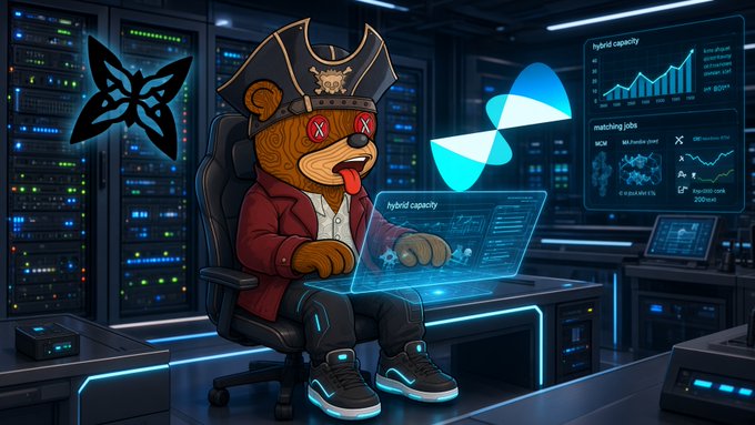 The image shows an animated pirate bear wearing an X-eyed captain's hat and red blazer, sitting in a high-tech server room while working on a holographic interface displaying "hybrid capacity" and "matching jobs" dashboards. The $QUIP branding, pirate mascot, and visualization of computational matching align with the post's description of queuing a knapsack-style job on the Quip Network testnet, where idle hardware is put to use solving real problems rather than running empty cycles.