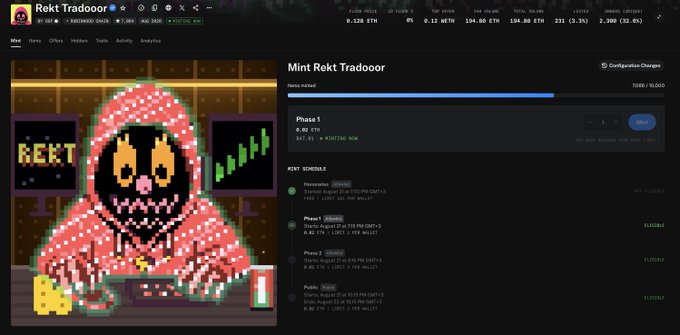 A screenshot of the "Rekt Tradooor" NFT minting page on a marketplace, displaying a pixelated hooded figure at a computer desk with green chart graphs, alongside collection statistics including a floor price of 0.128 ETH, total volume of 196.99 ETH, and a mint schedule showing phases for minting NFTs, supporting the post's discussion of buying into the Rektguy collection during early access.