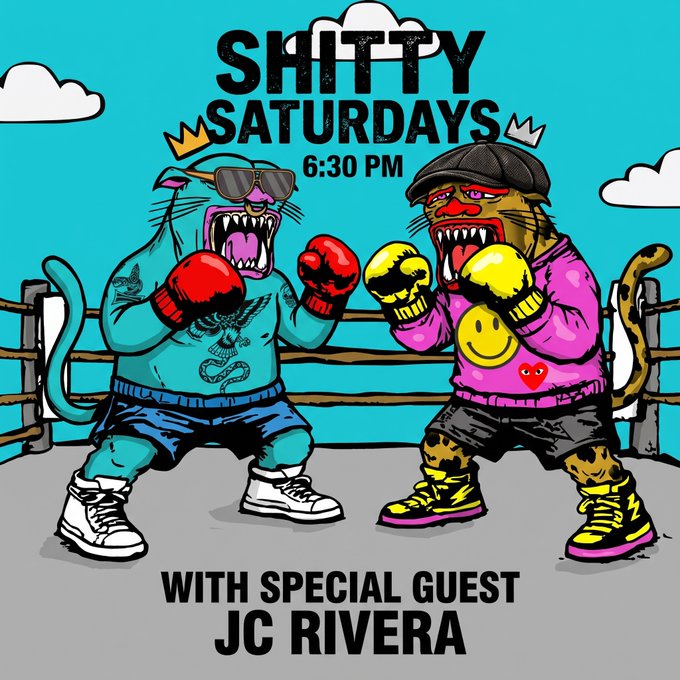 Promotional artwork for "Shitty Saturdays" featuring two illustrated anthropomorphic cats wearing boxing gloves in a ring, advertising a 6:30 PM show with special guest JC Rivera. The bold, cartoon-style design includes crowns on the cats' heads, with one wearing sunglasses and the other a cap, matching the casual, edgy vibe of the Twitter Spaces event co-hosted by @ZerpZoo and @mastershowx.