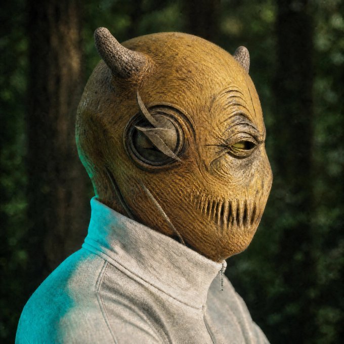 A masked figure in a horned, stitched face covering stands in a dimly lit forest, complementing the post's "Pepe of this cycle" hype and high-conviction bet. The eerie, mysterious character aligns with the bold, meme-driven bullish sentiment being expressed.