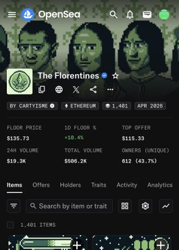 A screenshot of the OpenSea NFT marketplace showing the 'The Florentines' collection by CARTYISME, displaying a floor price of $135.73, 10.4% 1D change, and 1,401 items.